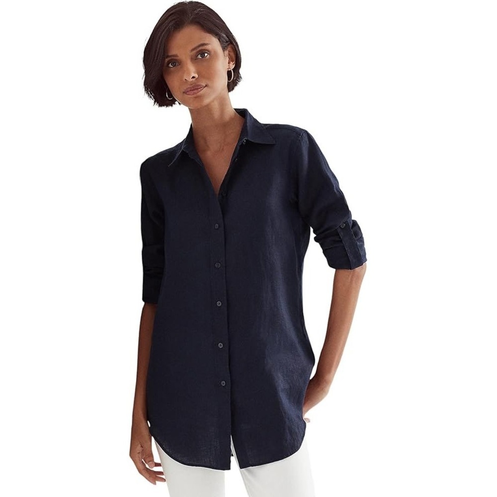 Lauren Ralph Lauren Navy Blue 100% Linen Roll-Tab Button Down Shirt‎ SP
